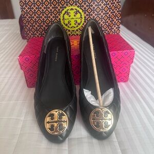 Tory Burch Black and Gold Flats with Logo